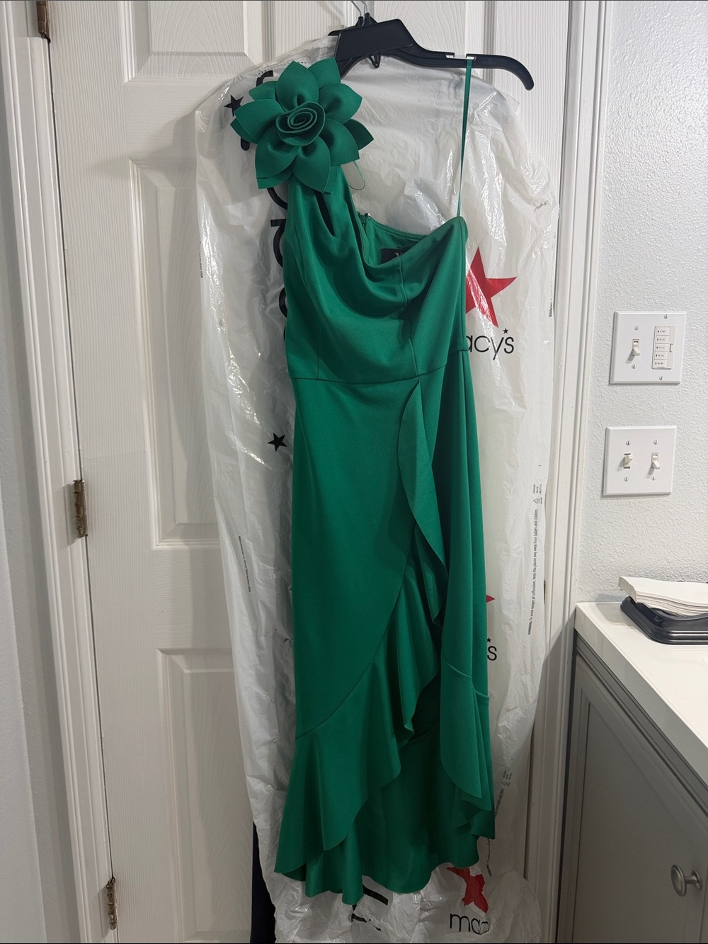 Xscape Emerald One-Shoulder Ruffle Gown